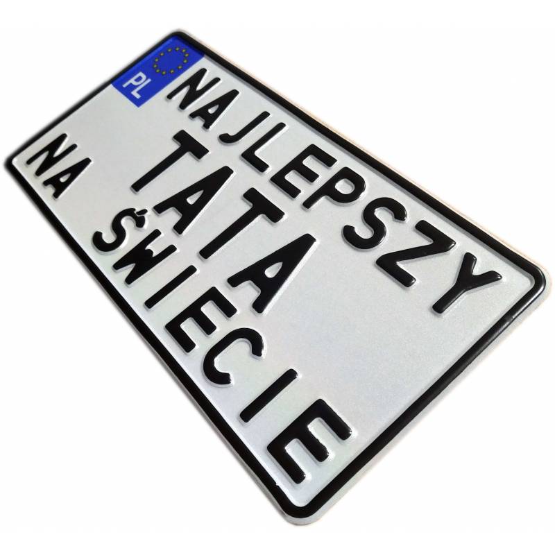 Najlepszy tata, najlepszy tata na świecie, biała tablica rejestracyjna, czarny napis