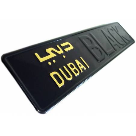 DUBAI Black - czarna tablica rejestracyjna, czarny napis, złoty Dubai