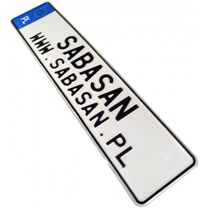 sabasan, polska tablica rejestracyjna, czarny napis, niebieski pasek