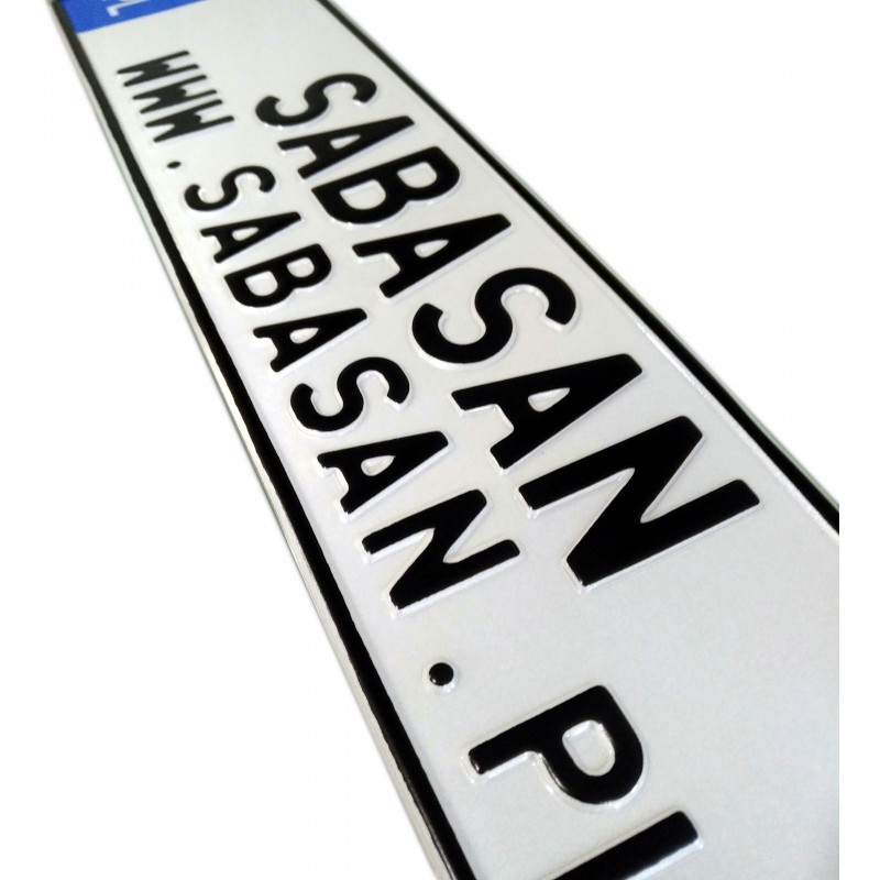 sabasan, polska tablica rejestracyjna, czarny napis, niebieski pasek, PL, gwiazdki