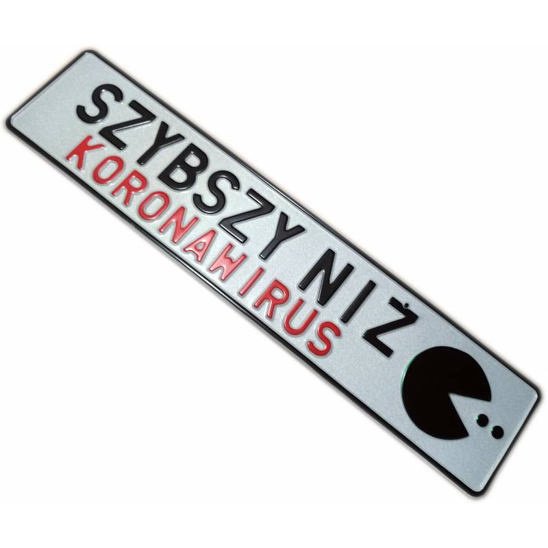 Szybszy niż koronawirus, COVID, ozdobna, kolekcjonerska tablica rejestracyjna