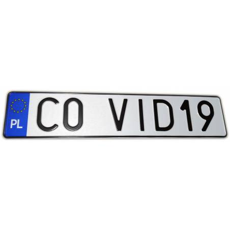 C0 VID19 - tablica rejestracyjna, białe tło, niebieski pasek, czarny napis, covid19, covid-19