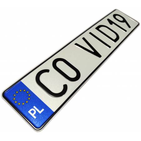 C0 VID19 - polska tablica rejestracyjna, białe tło, niebieski pasek, czarny napis, covid19, covid-19