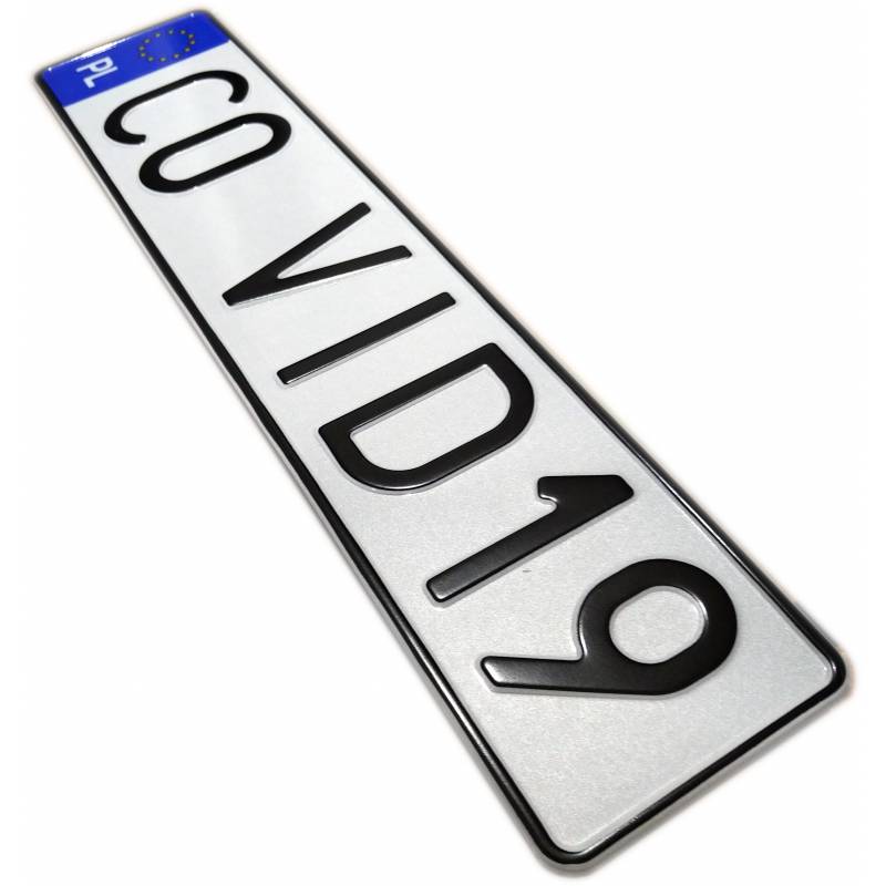 C0 VID19 - tablica rejestracyjna, białe tło, niebieski pasek, czarny napis, covid19, covid-19