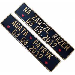 Na zawsze razem, ślubne tablice rejestracyjne, czarna tablica, złoty napis, data  ślubu, imiona