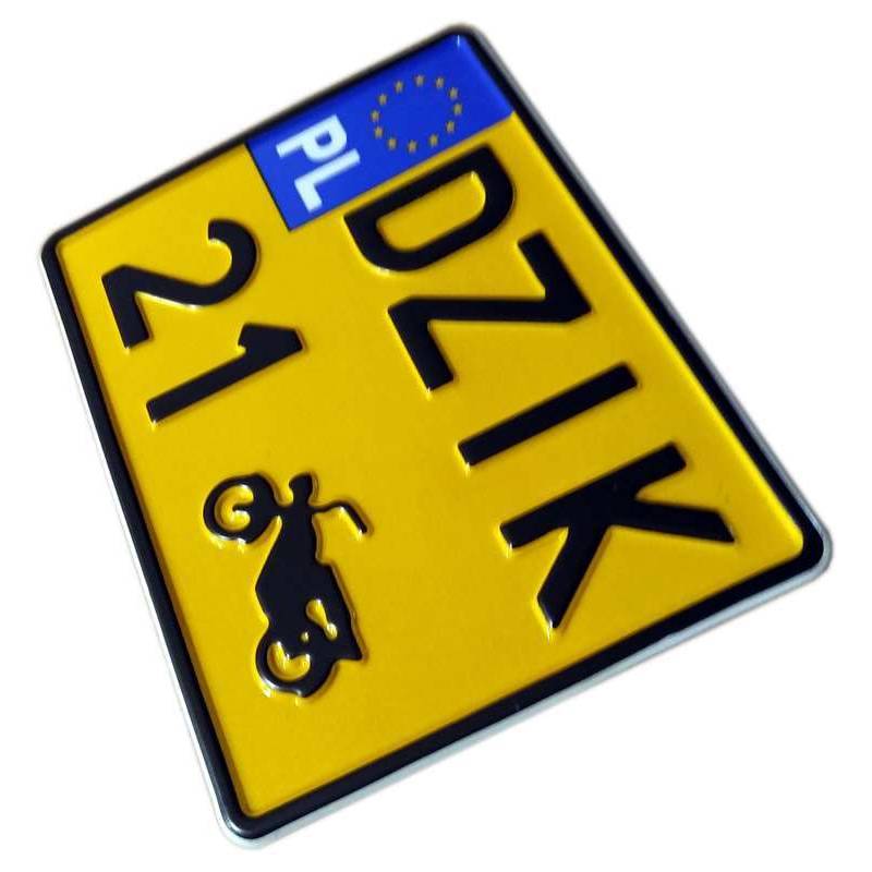 żółta tablica rejestracyjna, czarny napis, PL, gwiazdki, dzik 21, motorek