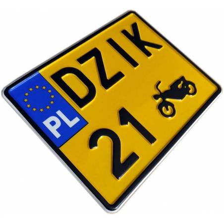 żółta tablica rejestracyjna, czarny napis, PL, gwiazdki, dzik 21, motorek