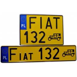 Fiat 132, żółte tablice rejestracyjne. Kwadratowa, prostokątna. Czarny napis. Niebieski pasek. amortyzator ramieniowy, gaz, uaz