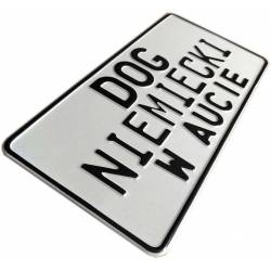 Dog niemiecki, dog niemiecki w aucie, biała tablica aluminiowa, tłoczona, czarny napis