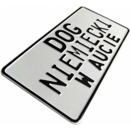 Dog niemiecki, dog niemiecki w aucie, biała tablica aluminiowa, tłoczona, czarny napis