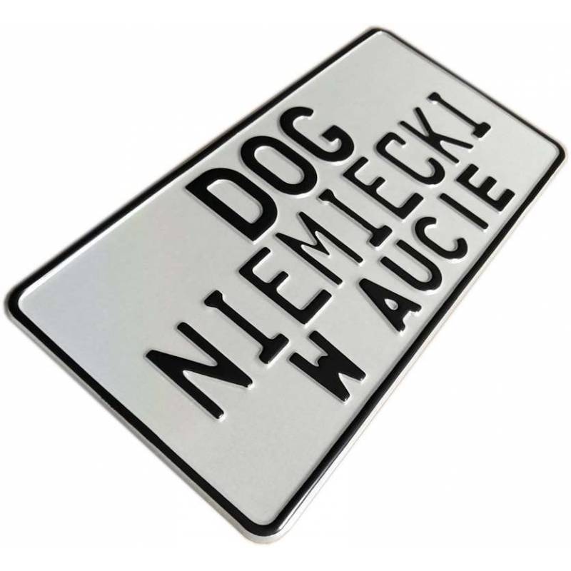 Dog Niemiecki w Aucie, biała tablica aluminiowa, tłoczona, czarny napis