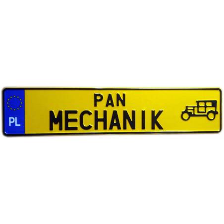 Pan Mechanik, polska żółta samochodowa tablica rejestracyjna