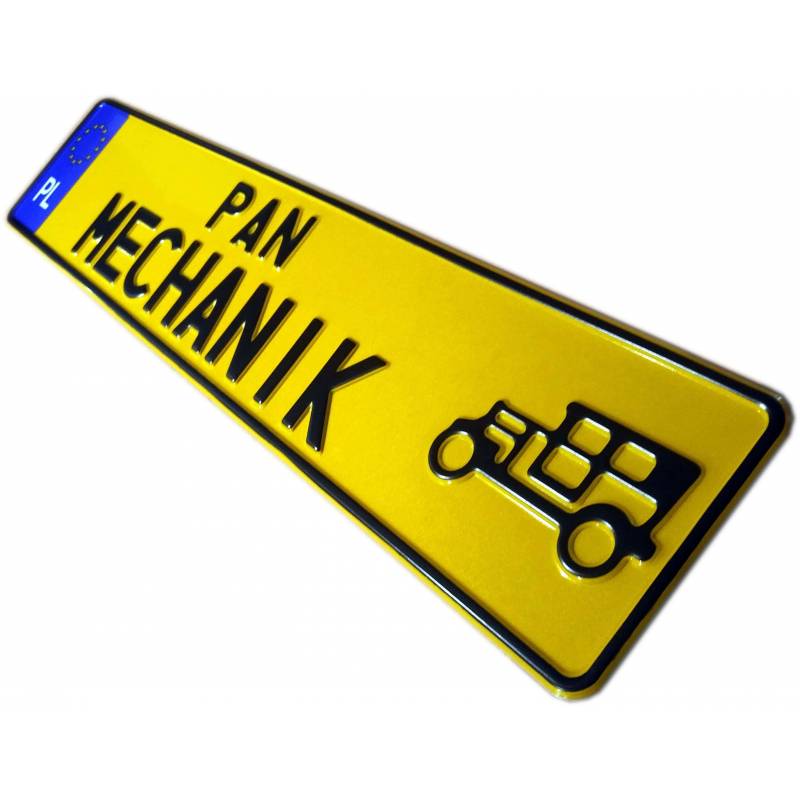 Pan Mechanik, polska żółta samochodowa tablica rejestracyjna